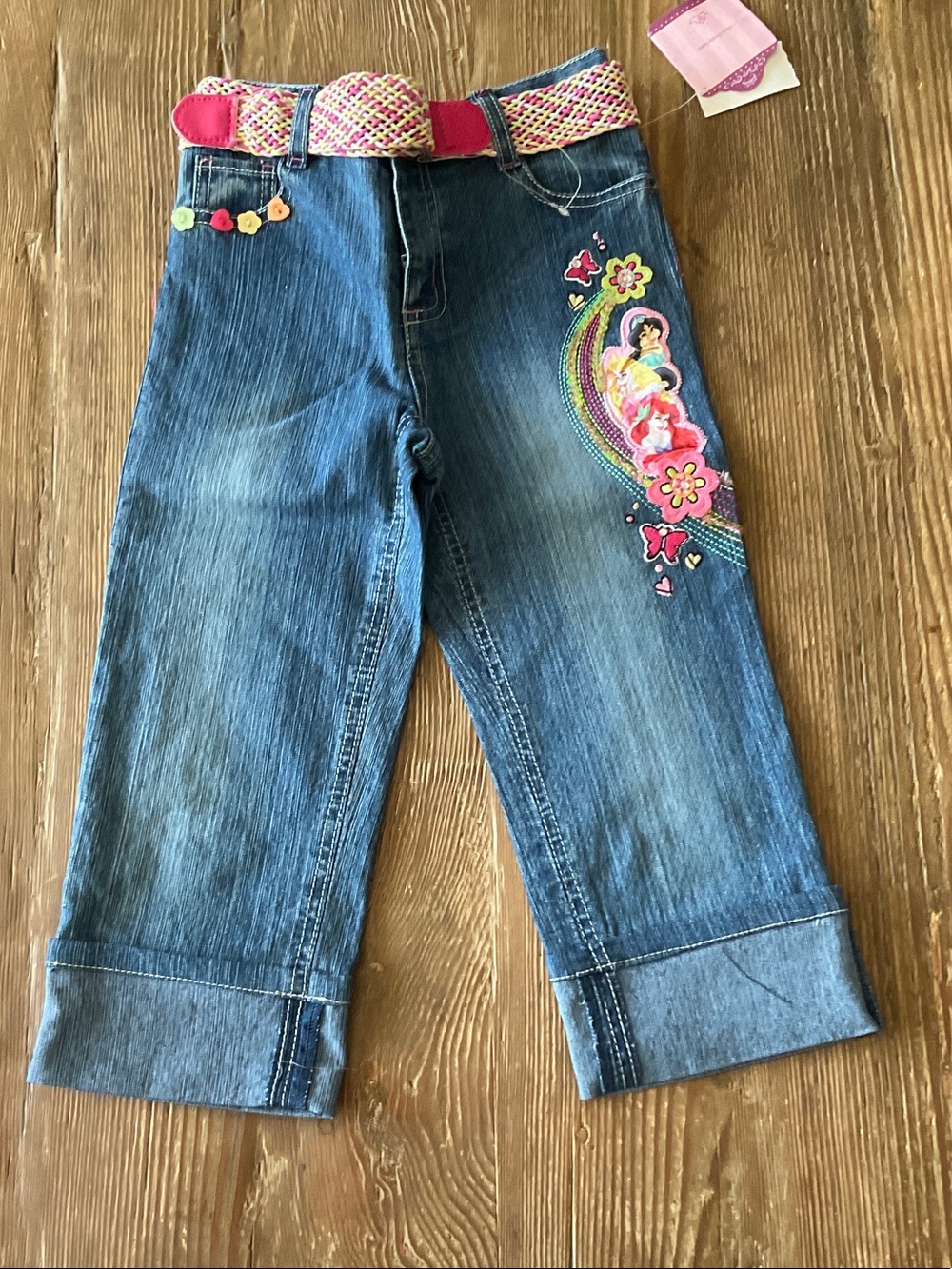 Walt Disney Princess Denim Capri Jeans Rainbow Embroidered Accents